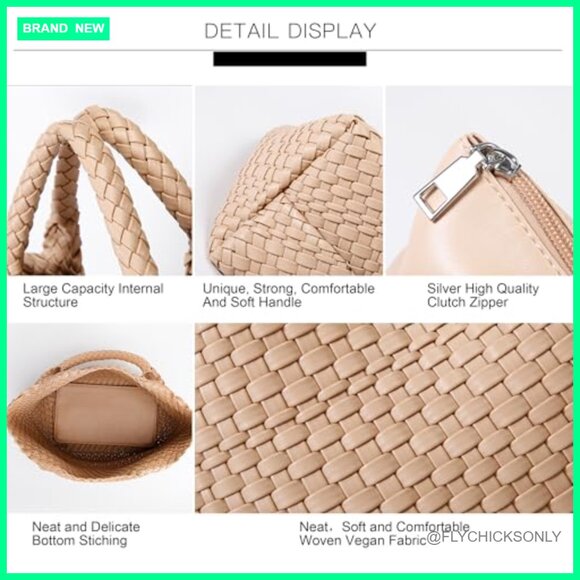 Vegan Leather Tote Shoulder Bag with Clutch, Faux Leather Woven Handbag - Picture 5 of 7